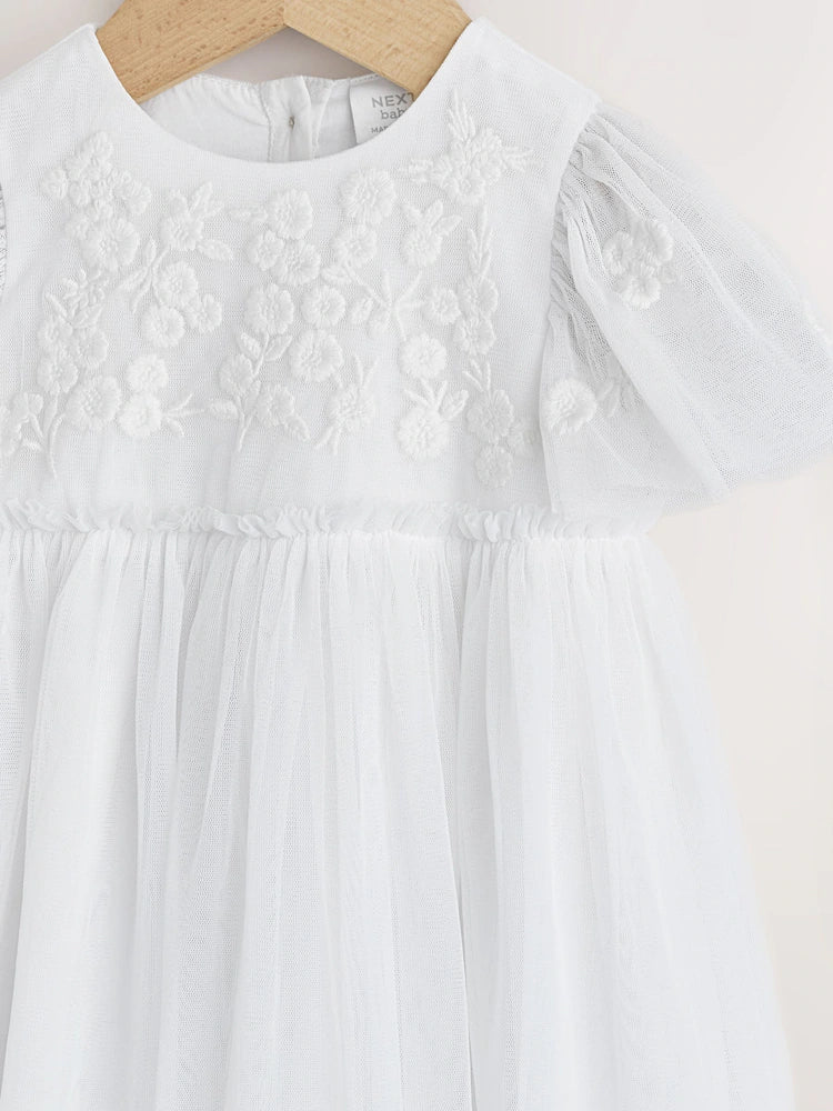Rochie albă de ocazie pentru bebeluși, din plasă, cu broderie florală, NEXT