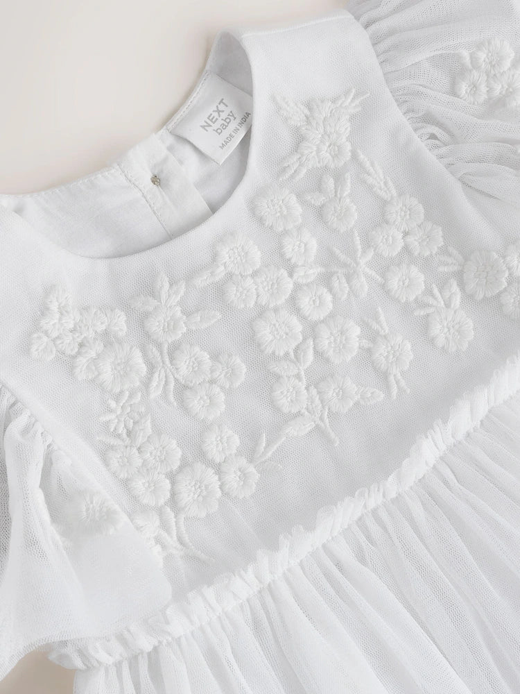 Rochie albă de ocazie pentru bebeluși, din plasă, cu broderie florală, NEXT