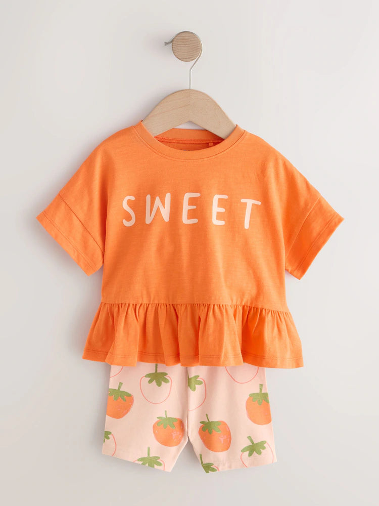 Set tricou și pantaloni scurți cu imprimeu căpșuni - portocaliu, NEXT