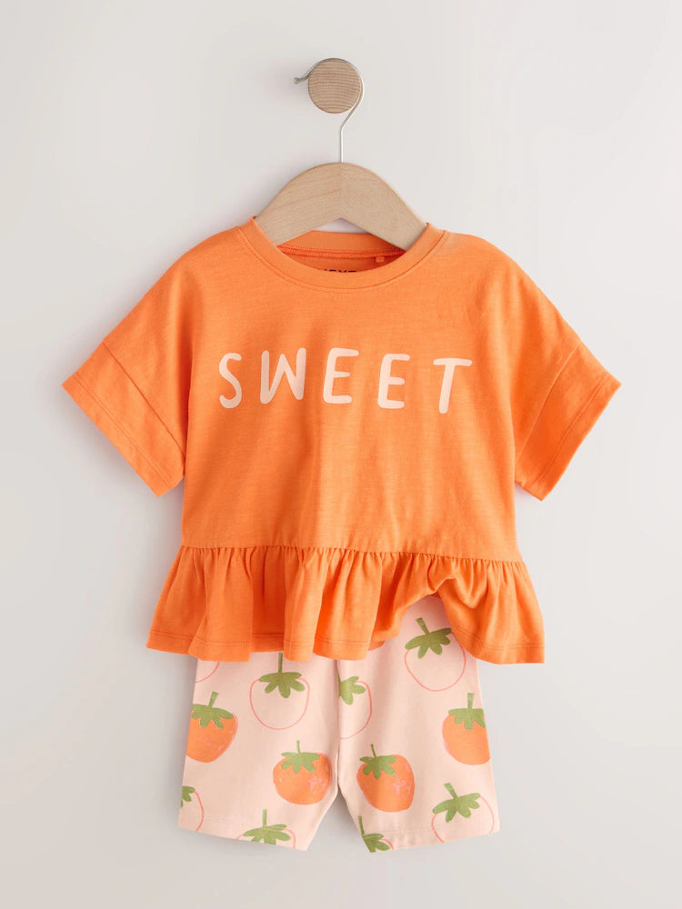 Set tricou și pantaloni scurți cu imprimeu căpșuni - portocaliu, NEXT