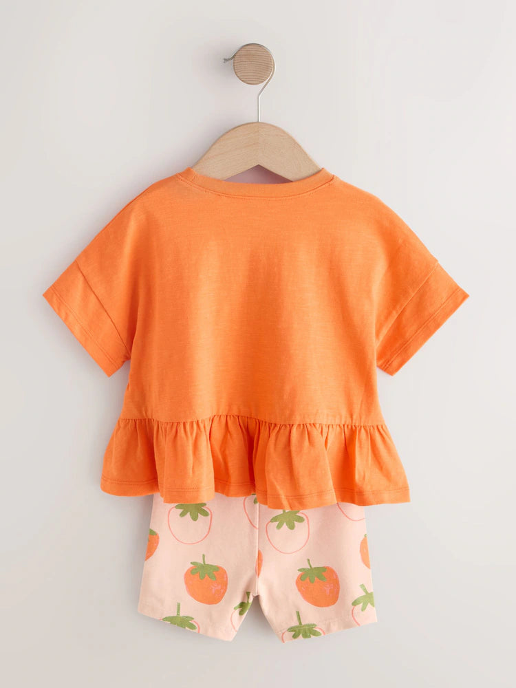 Set tricou și pantaloni scurți cu imprimeu căpșuni - portocaliu, NEXT
