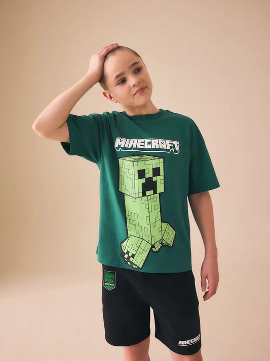 Set Minecraft cu tricou și pantaloni scurți - verde/negru, 3 ani - 16 ani, NEXT