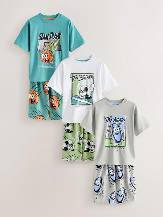 Set 3 pijamale scurte cu tematică amuzantă - verde/gri/alb, NEXT