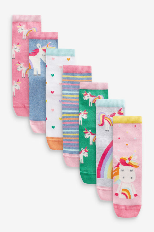 Set 7 șosete Unicorn până la gleznă din bumbac – roz/verde/albastru, fete, NEXT