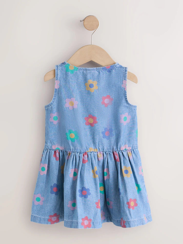 FLOWER PRINT SLEEVELESS DENIM DRESS