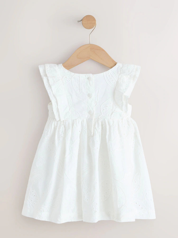 Rochie din in cu broderie și mâneci cu volane - alb