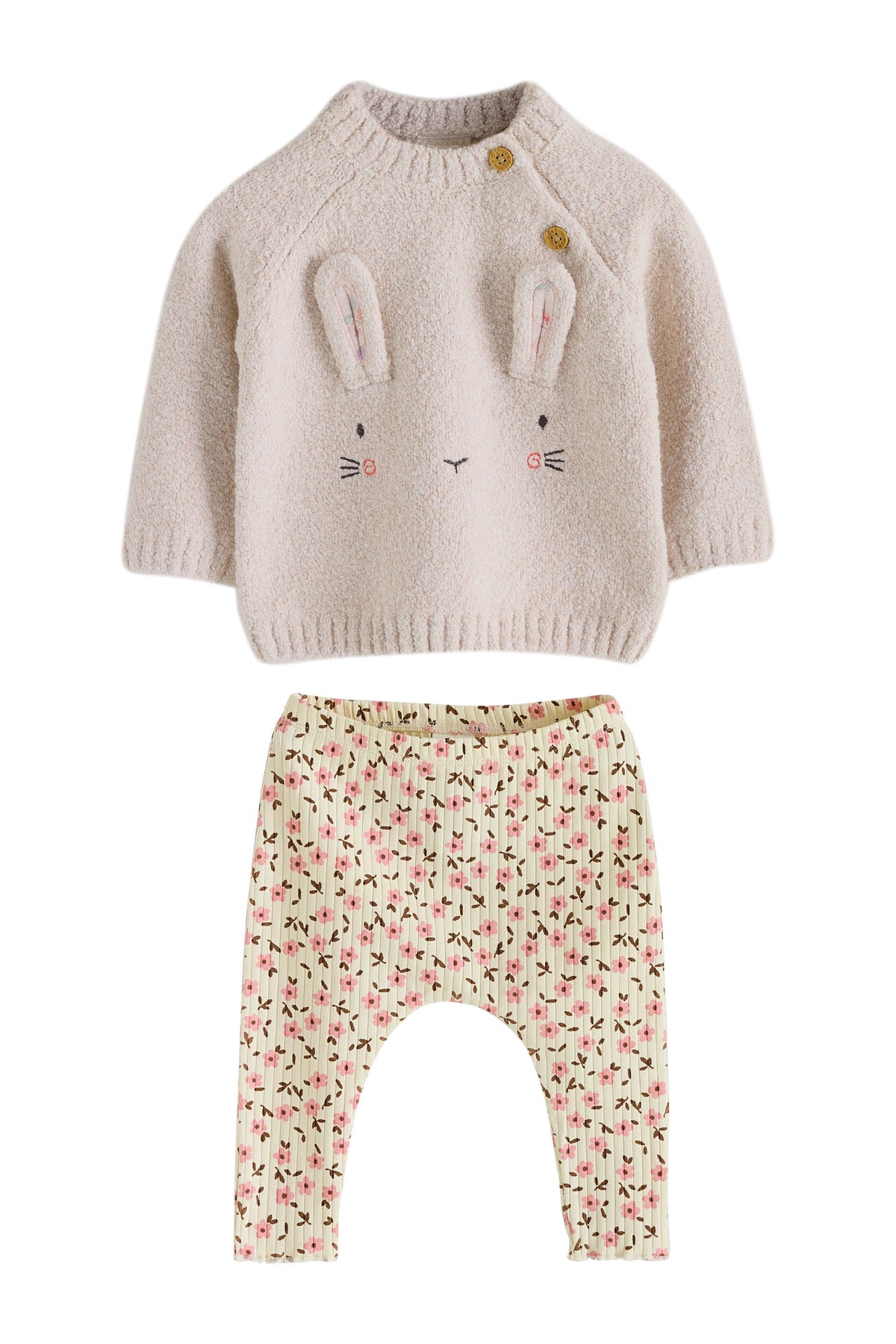Ecru Bunny Knitted Jumper and Floral Leggings Baby Set 2 Piece - Neutral, Newborn, First Size - 1.5-2 Yrs, NEXT - imagine 3