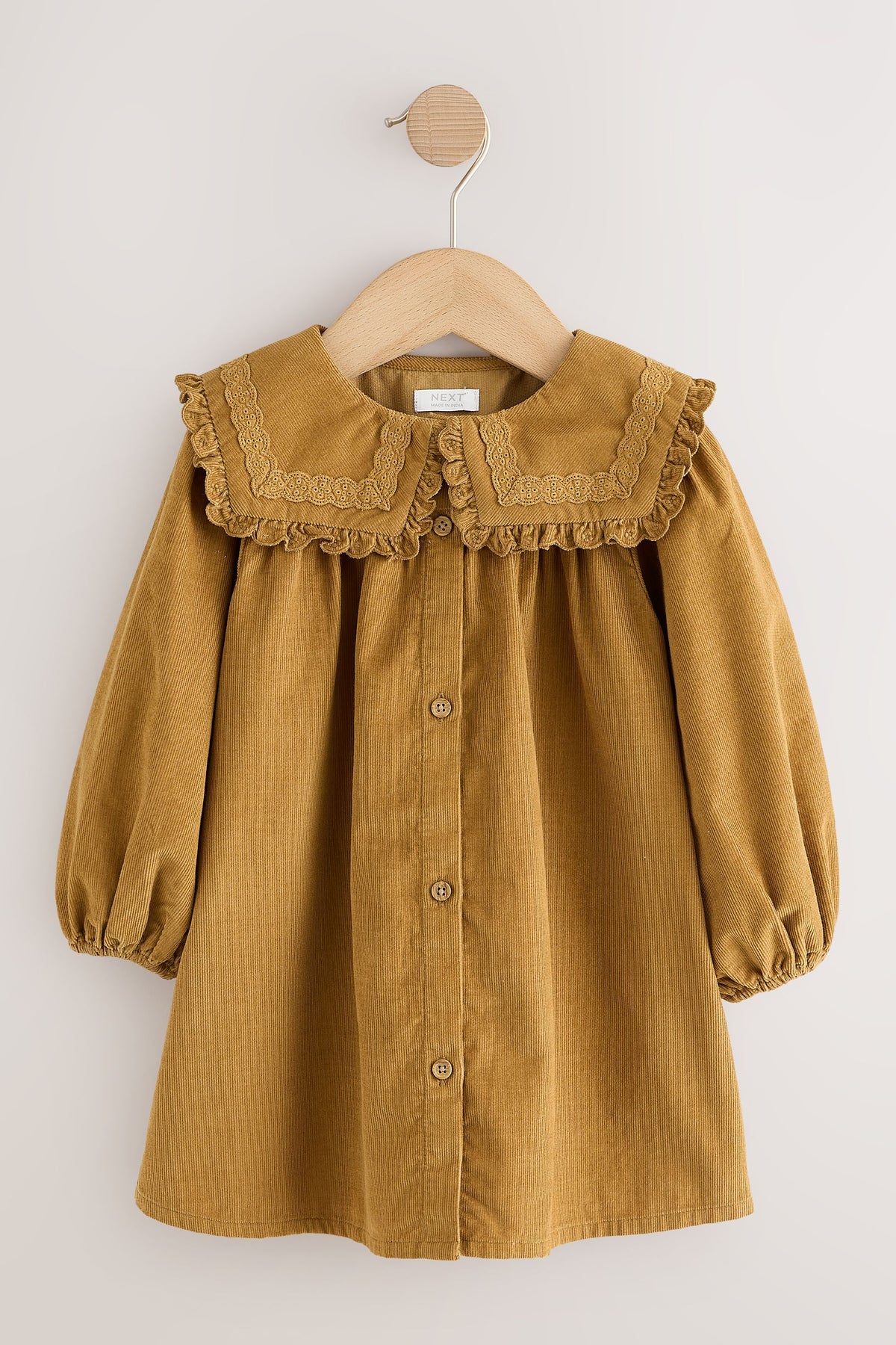 Rochie din catifea cord cu guler decorativ și mânecă lungă – galben muștar, fete, 3-6 luni - 7-8 ani, NEXT - imagine 7