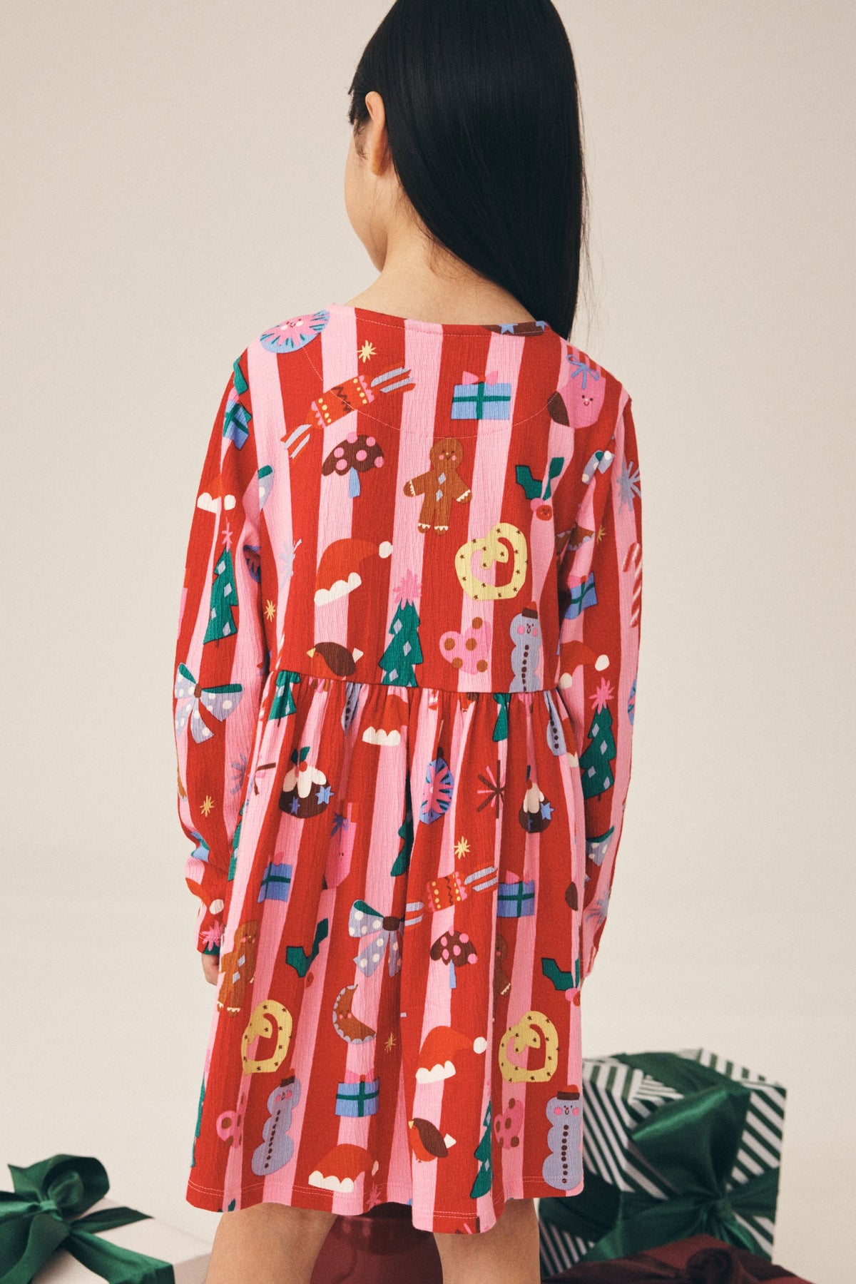 Rochie din jerseu în dungi, cu mânecă lungă – roz/roșu, fete, 3 ani - 16 ani, NEXT - imagine 10
