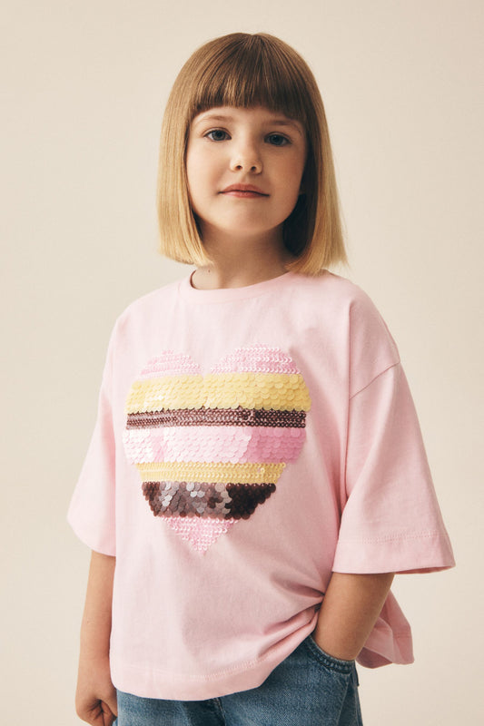 Tricou boxy în dungi, cu inimă din paiete – roz deschis, fete, 3 ani - 11 ani, NEXT