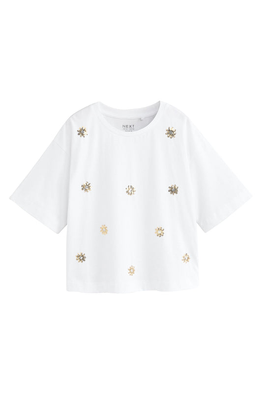 Tricou oversize cu paiete - alb , fete, 3 ani - 16 ani, NEXT