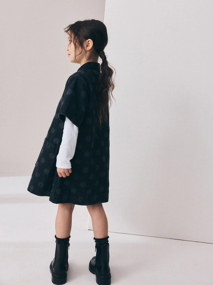 Rochie dreaptă din denim cu buline – negru, fete, 3 ani - 14 ani, NEXT