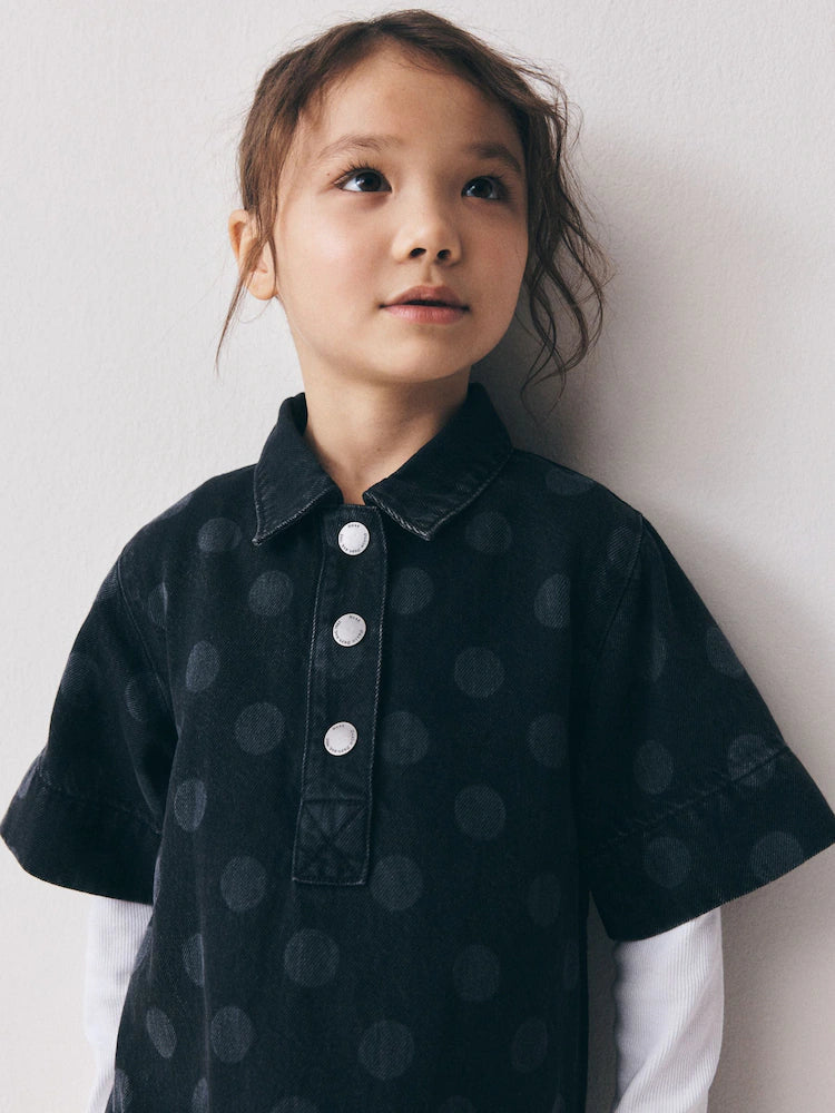 Rochie dreaptă din denim cu buline – negru, fete, 3 ani - 14 ani, NEXT