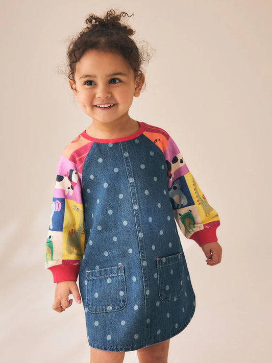 Rochie din denim cu mâneci raglan și animăluțe – albastru denim, fete, 3-6 luni - 5-6 ani, NEXT