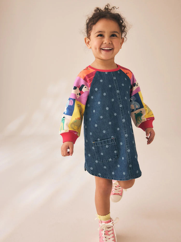 Rochie din denim cu mâneci raglan și animăluțe – albastru denim, fete, 3-6 luni - 5-6 ani, NEXT