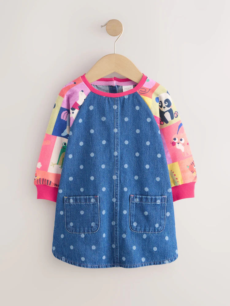 Rochie din denim cu mâneci raglan și animăluțe – albastru denim, fete, 3-6 luni - 5-6 ani, NEXT