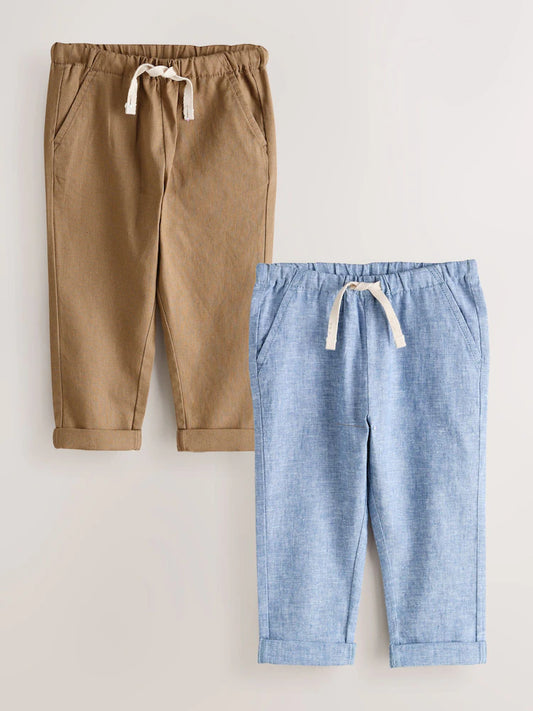 Set pantaloni din amestec de in, cu talie elastică – albastru/maro
