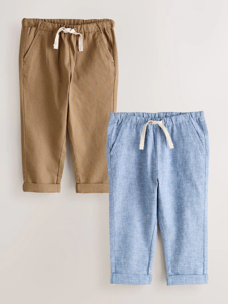Set pantaloni din amestec de in, cu talie elastică – albastru/maro