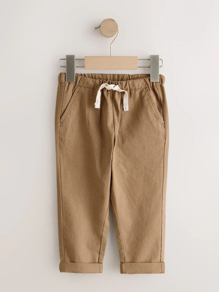 Set pantaloni din amestec de in, cu talie elastică – albastru/maro