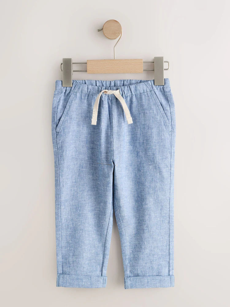 Set pantaloni din amestec de in, cu talie elastică – albastru/maro