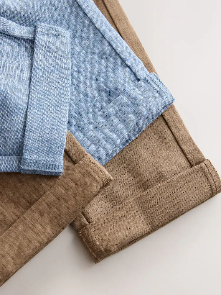 Set pantaloni din amestec de in, cu talie elastică – albastru/maro