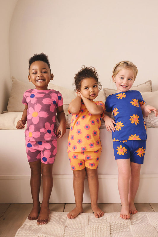 Set 3 pijamale scurte cu imprimeu floral – albastru/portocaliu, fete, 9-12 luni - 11-12 ani, NEXT