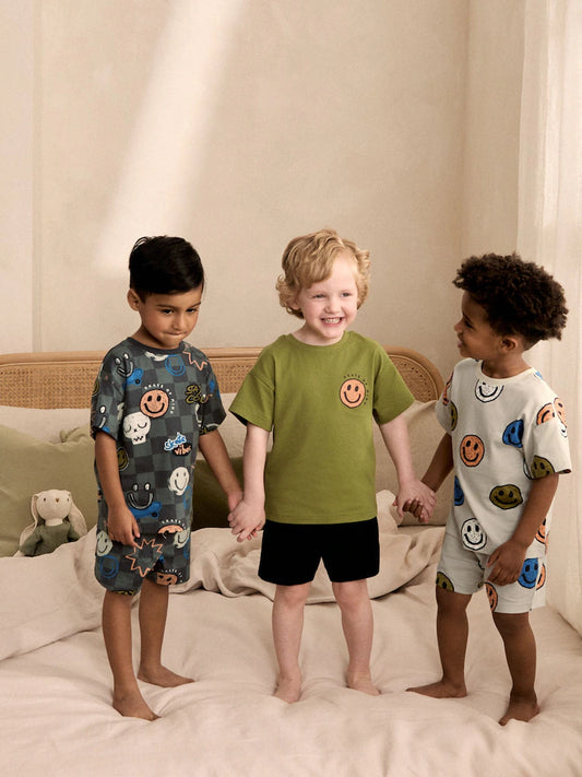 Set de 3 pijamale cu imprimeu „Happy Face” - negru/verde/gri, NEXT