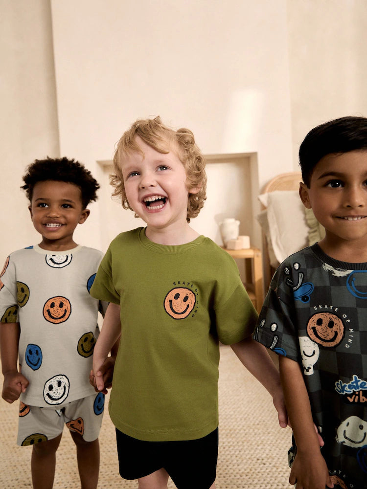 BLACK/GREEN/STONE HAPPY FACE 3 PACK SHORT PYJAMAS HAPPY FACE