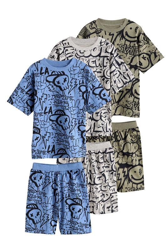Pijama scurtă cu imprimeu cranii graffiti albastru/verde/crem, pachet 3, băieți, NEXT