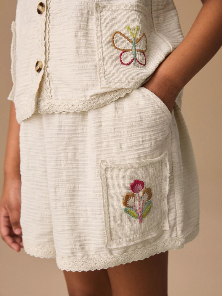 CREAM EMBROIDERED WAISTCOAT SHORTS SET