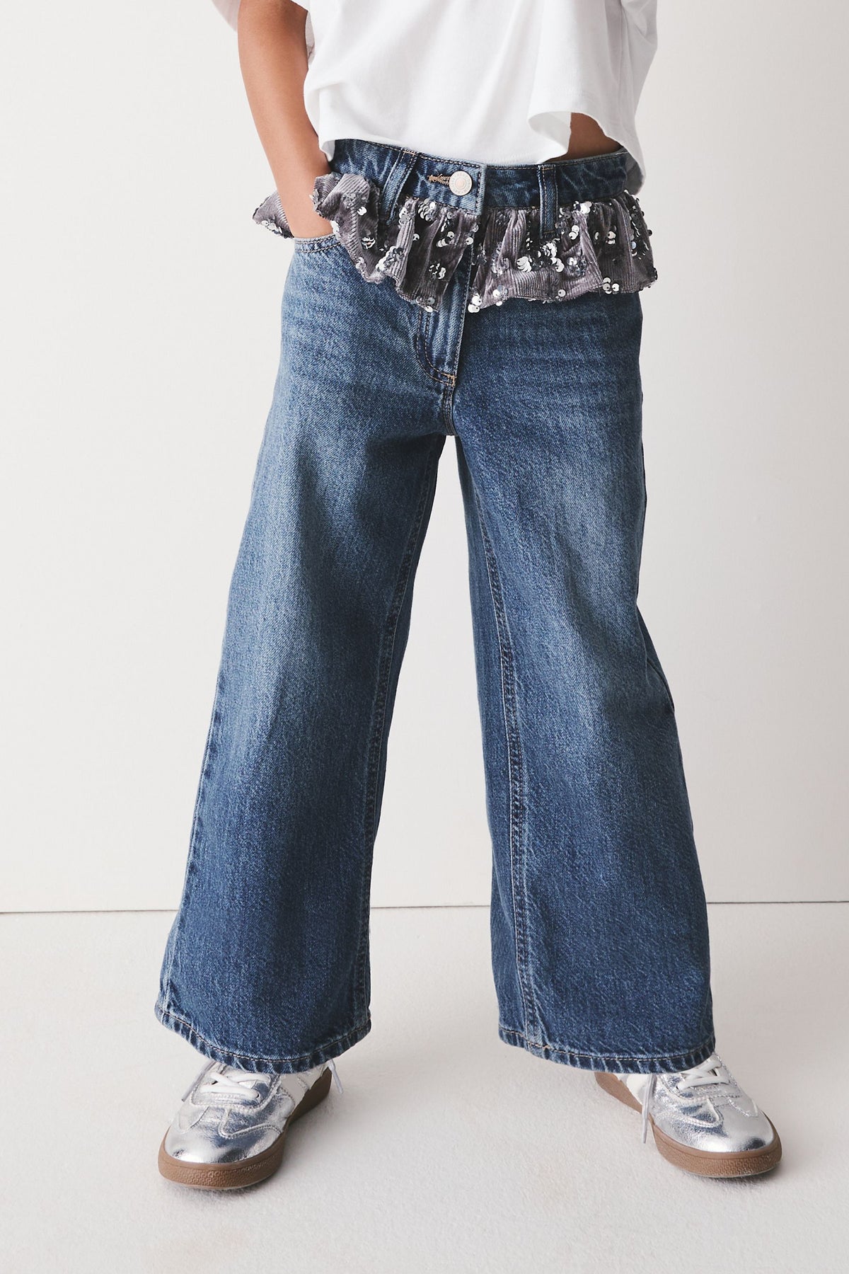 Blugi cu crac larg, cu peplum și paiete – albastru denim, fete, 3 ani - 16 ani, NEXT