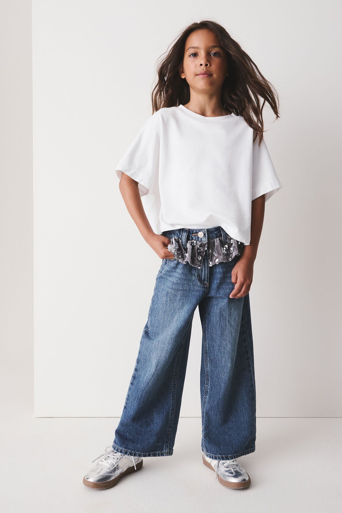 Blugi cu crac larg, cu peplum și paiete – albastru denim, fete, 3 ani - 16 ani, NEXT - imagine 2