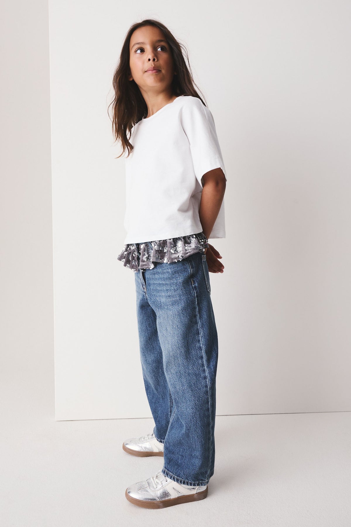 Blugi cu crac larg, cu peplum și paiete – albastru denim, fete, 3 ani - 16 ani, NEXT - imagine 3