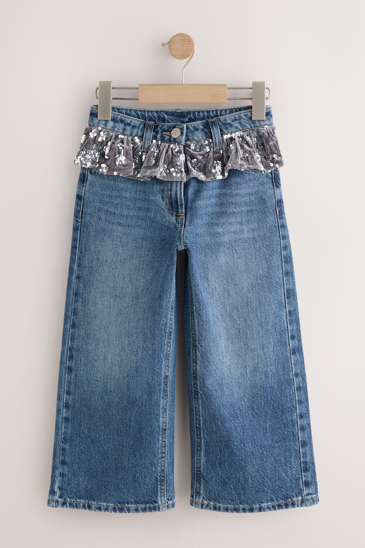 Blugi cu crac larg, cu peplum și paiete – albastru denim, fete, 3 ani - 16 ani, NEXT - imagine 4