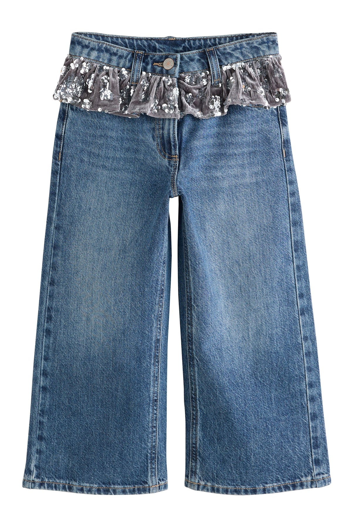 Blugi cu crac larg, cu peplum și paiete – albastru denim, fete, 3 ani - 16 ani, NEXT - imagine 9