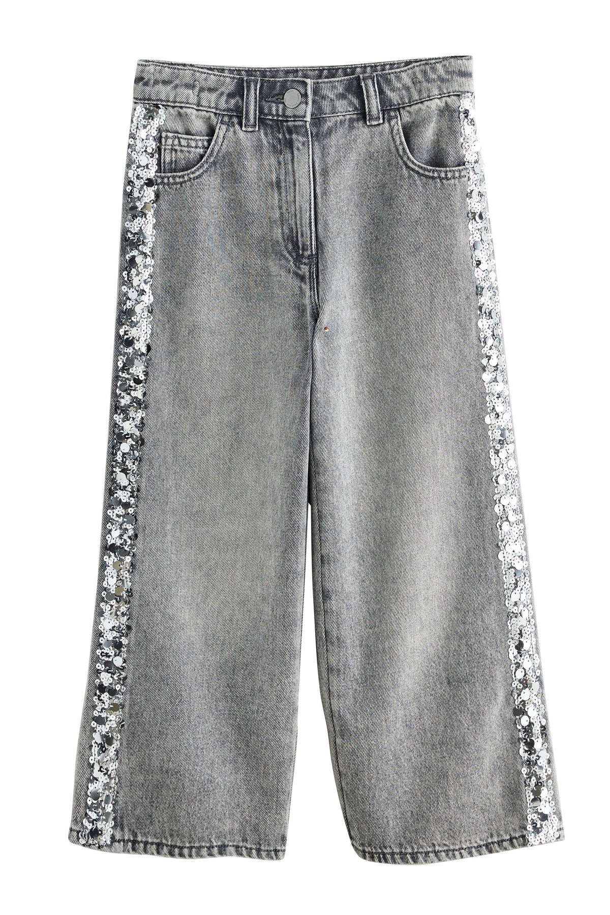 Jeans lățit cu bandă laterală din paiete gri/silver - denim albastru, fete, 3 ani - 16 ani, NEXT - imagine 9