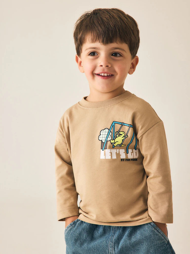 Tricou cu mânecă lungă și imprimeu dinozaur – maro, băieți, 3-6 luni - 6-7 ani, NEXT