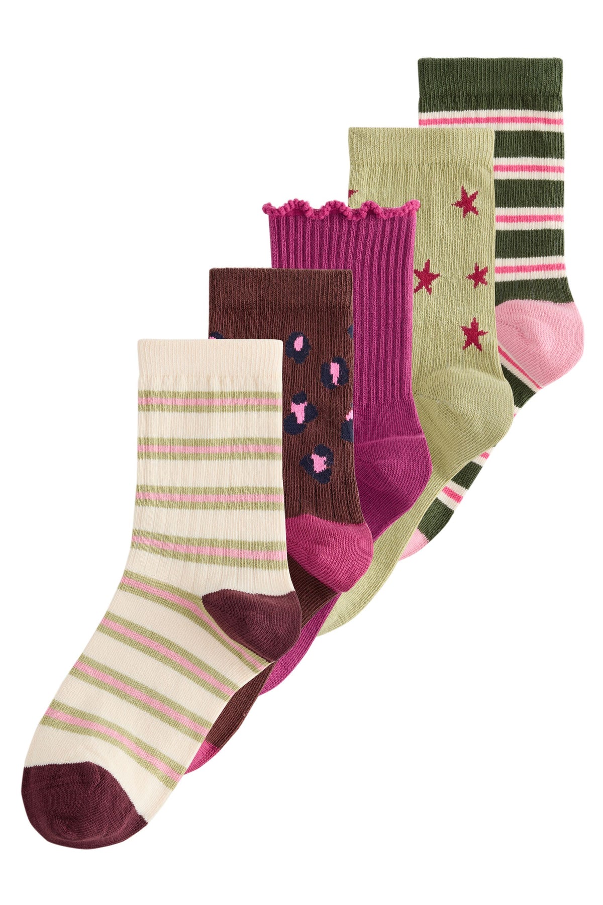 Set 5 perechi de șosete scurte din bumbac, cu dungi, stele și animale – multicolor, fete, NEXT