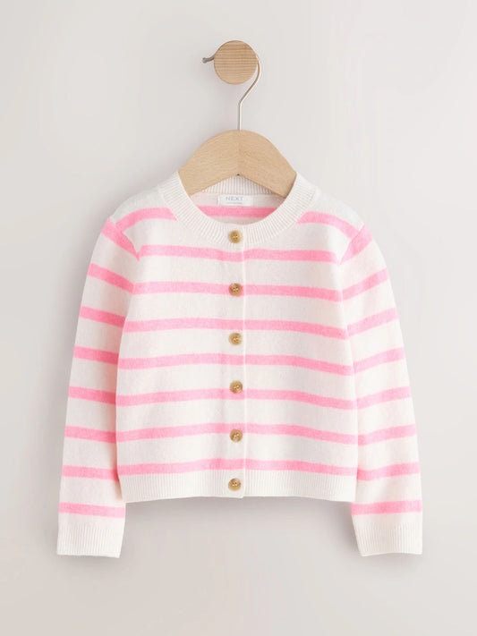 Cardigan tricotat în dungi – ecru/roz, fete, 3-6 luni - 5-6 ani, NEXT